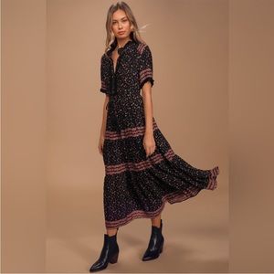 Free People Rare Feeling Maxi Pleated Dress with Flowers Black Size Medium